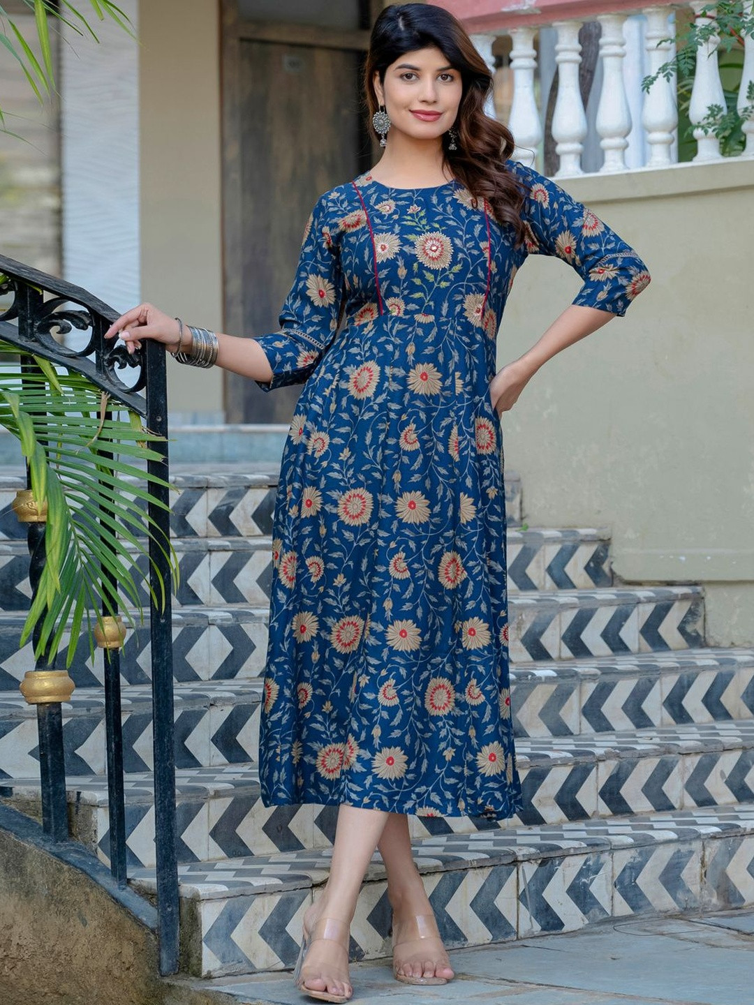 Floral Fully Stiched Rayon A- Line Round Neck Embroidery Work Anarkali Gown