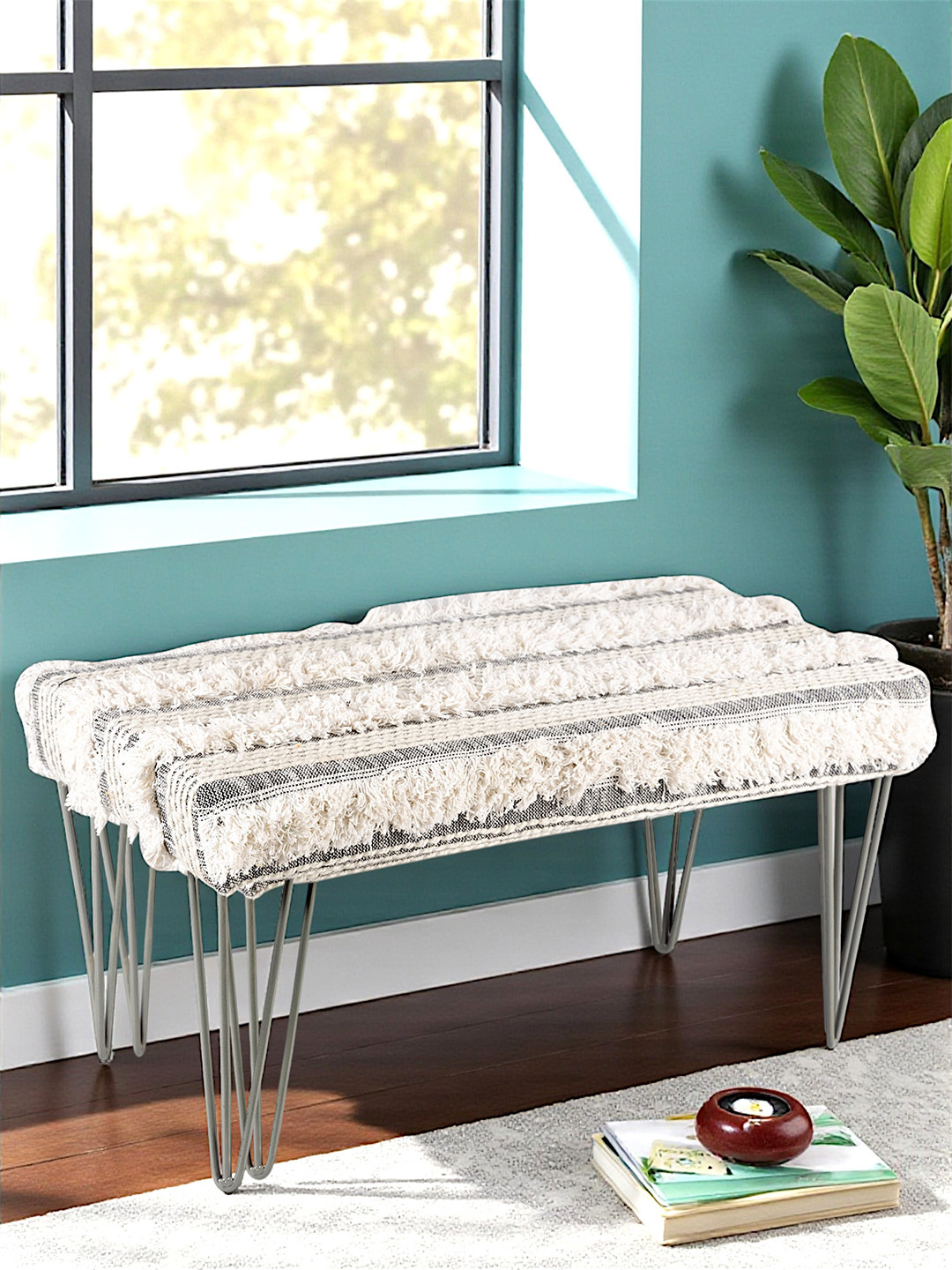 Ikiriya Sheesham Wood Mid Century 2 Seater Bench With Metal Legs In Grey Fringes Fabric