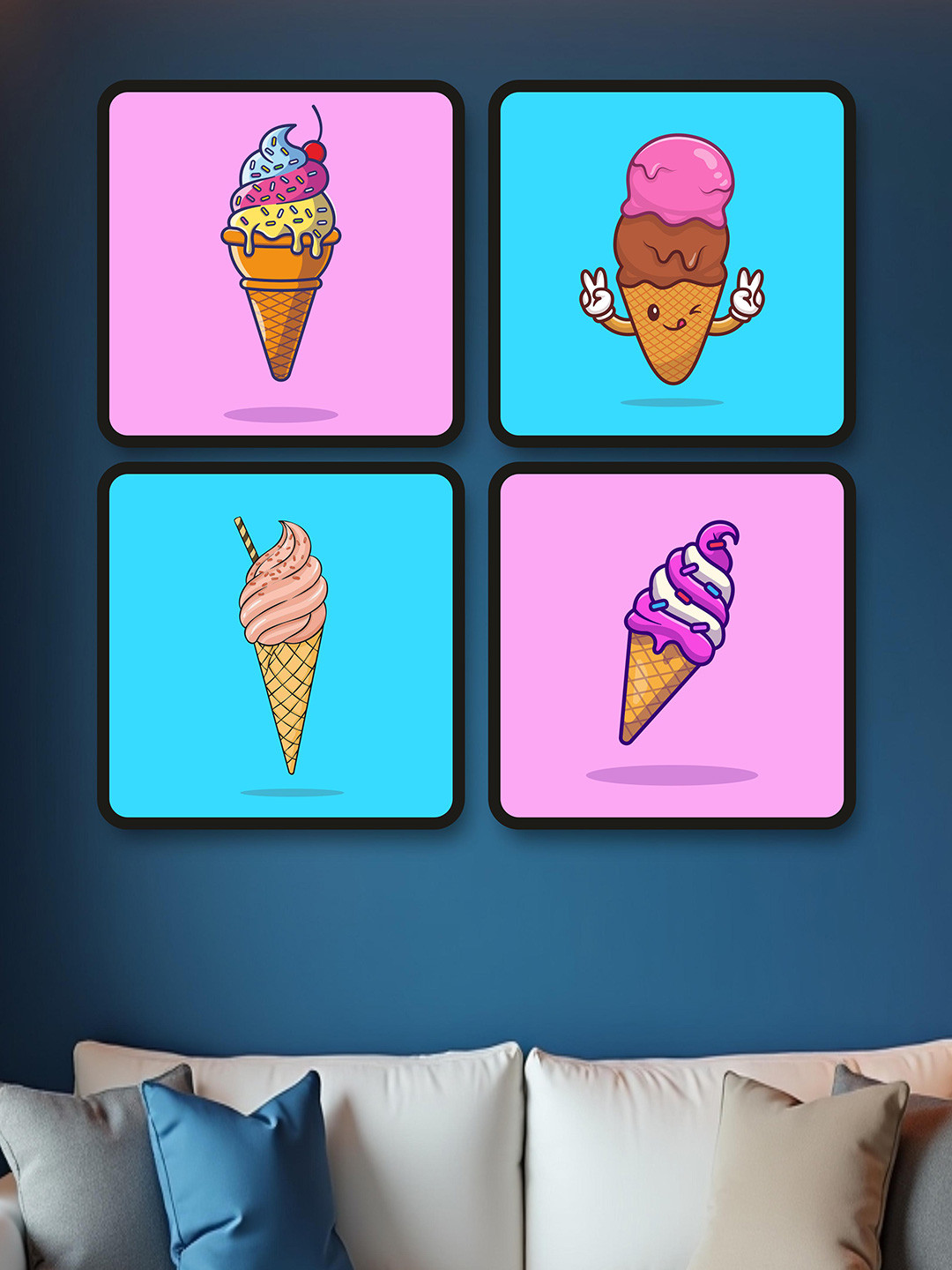 SAF 4-Pcs Pink & Blue Ice Cream Theme Painting Wall Art