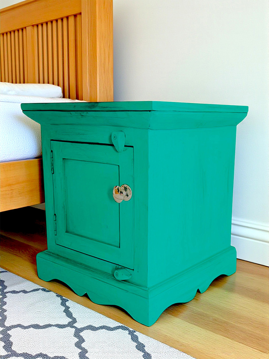 Ikiriya Sheesham Wood Bedside Table/ End Table In Pastel Green Mild Distress Finish