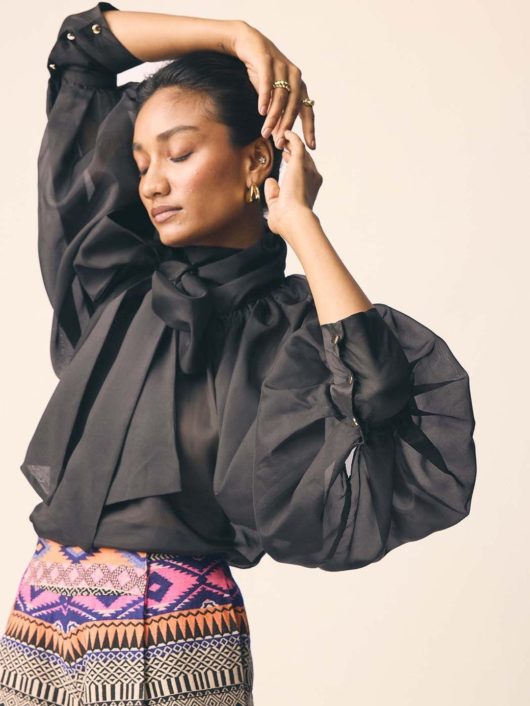 UNRUSH Solid Cuffed Sleeve Semi Sheer Victorian Regular Top With Bow Detail