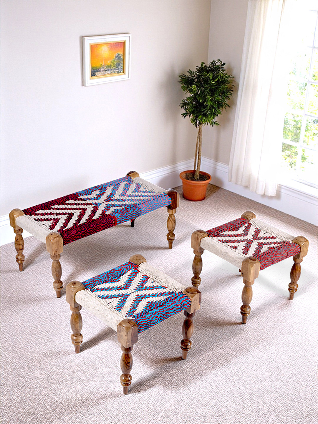 Ikiriya Rosewood 3+1+1 Maachi Bench With 2 Stools In Multi Colour Chindi & White Rope Cane