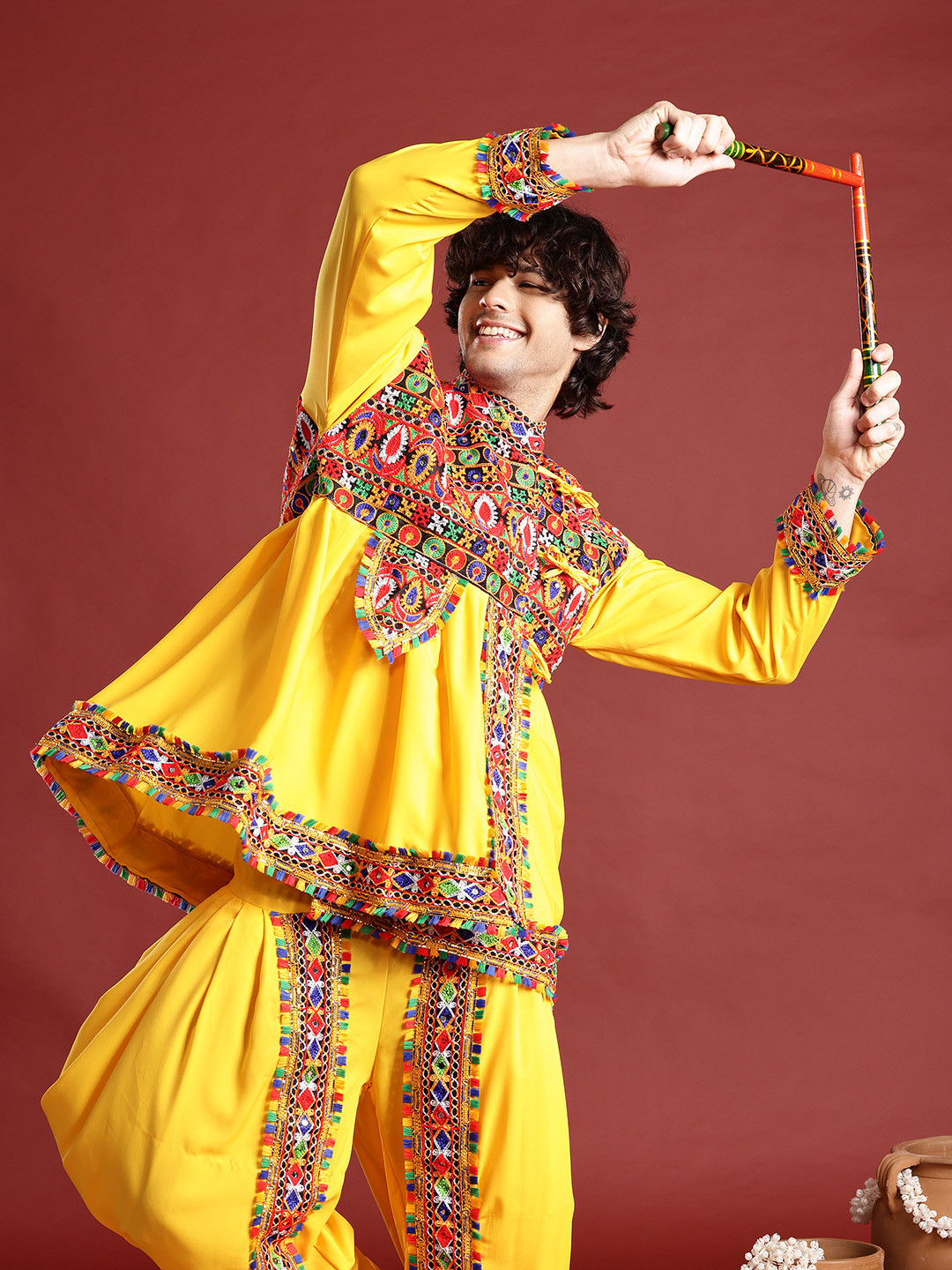 PulseIQ Ethnic Motifs Embroidered Angrakha Navaratri Kediya with Dhoti Pants & Dandiya