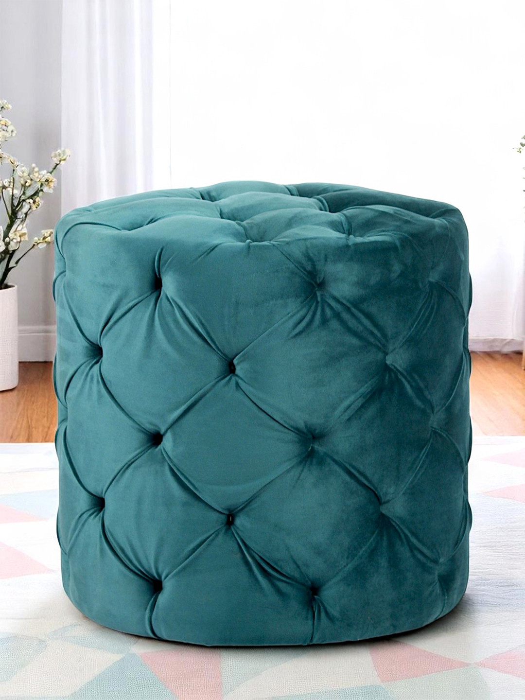 Ikiriya Dallas Solid Wood Ottoman Pouffee In Turquoise Sea Velvet
