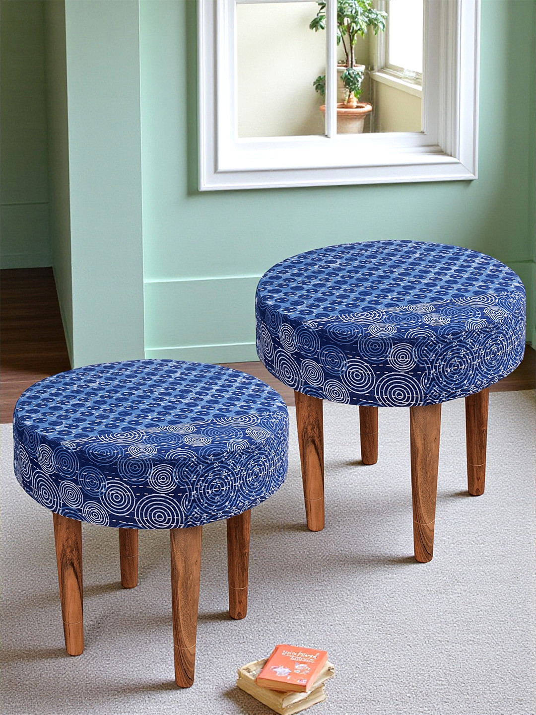Ikiriya Sheesham Wood Mid Century Round Set Of 2 Stools In Indigo Patchwork Kantha Fabric