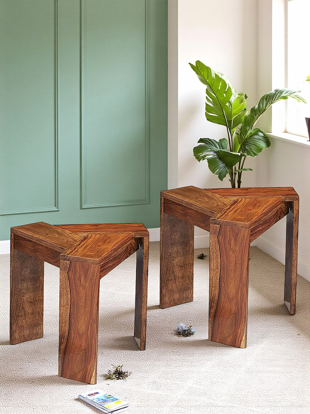 Ikiriya Sheesham Wood Triangle Set Of 2 Sidetable / End Table In Natural Teak Finish
