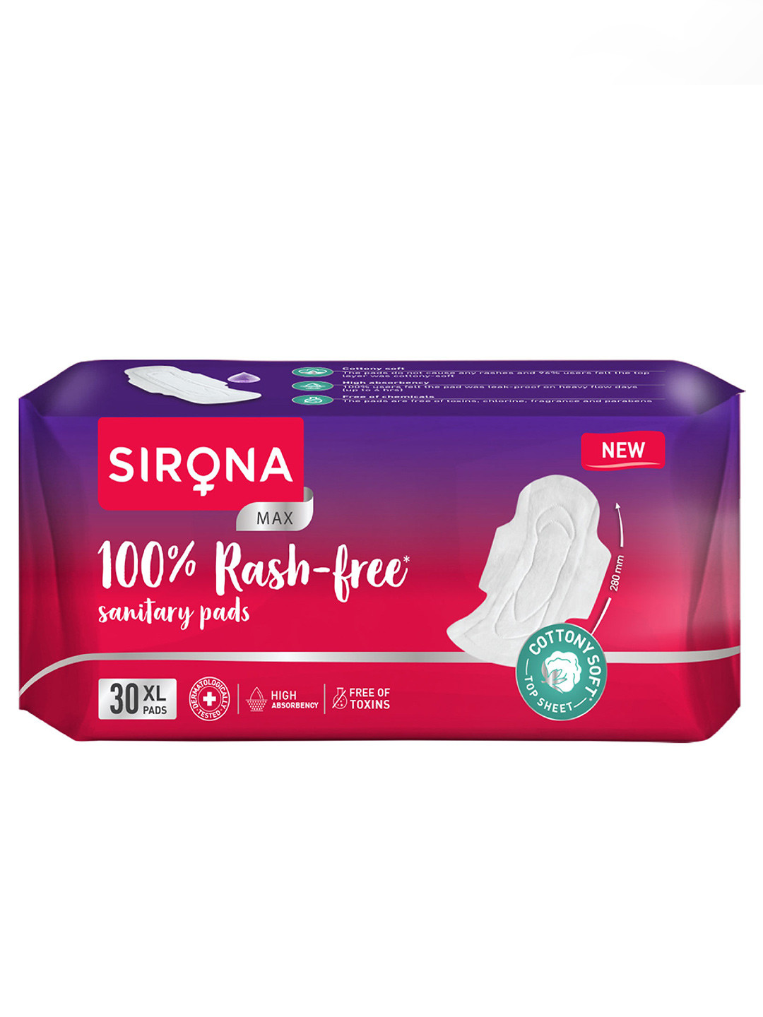 Sirona Dermatologically Tested Cottony Soft Rash Free XL 280mm Sanitary Pads - 30 Pads