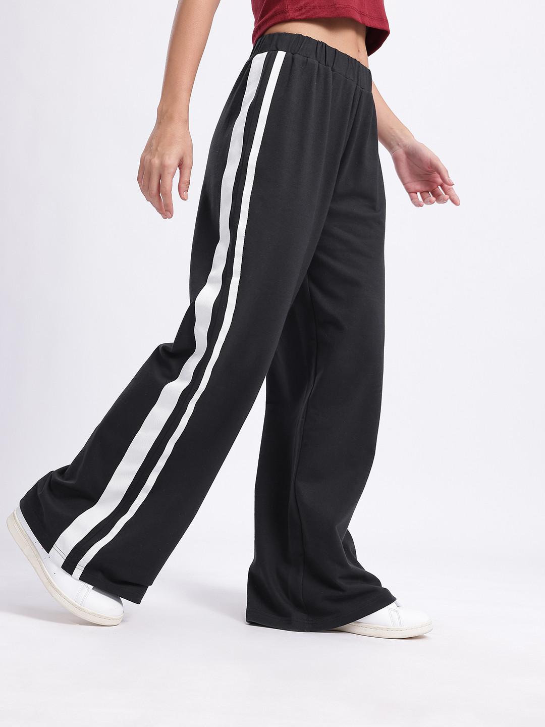 glitchez Women Mid-Rise Terry Wide Leg Track Pants with Side Stripes