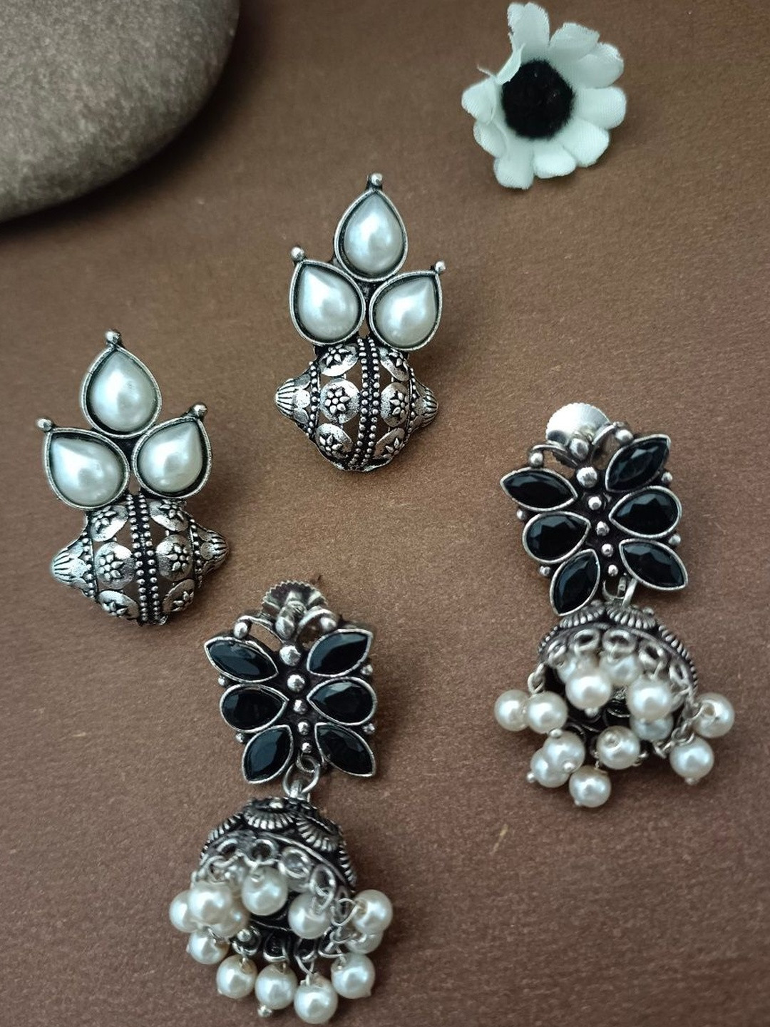 Sanjog Set Of 2 Artificial Stones Studded And Beaded Oxidised Dome Shaped Jumkas