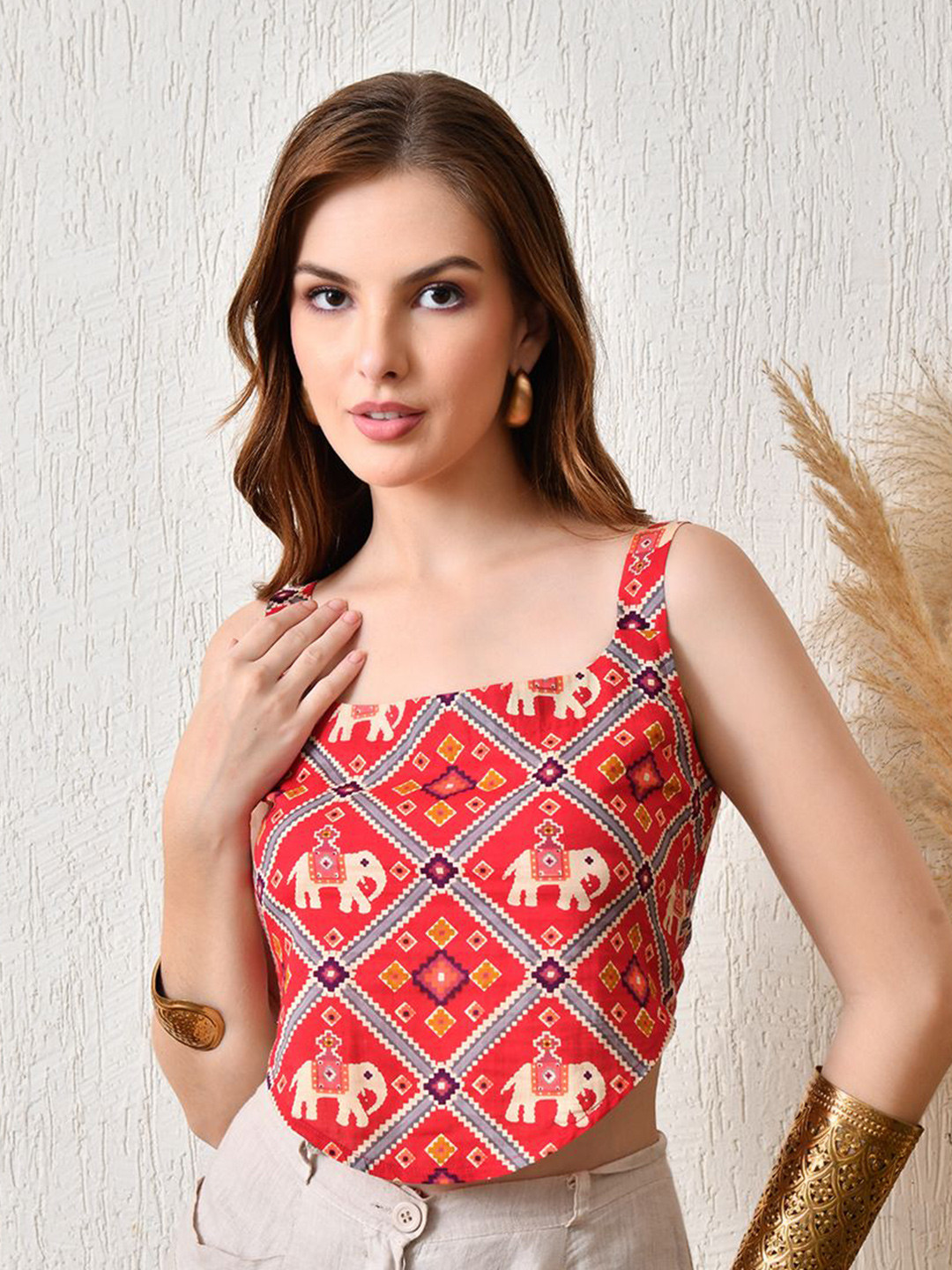 KALAMIR Lal Jashn Ethnic Print Cotton Sleeveless Crop Regular Top