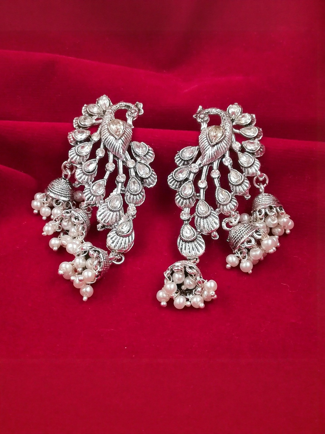 Gift Nest Rhodium-Plated Artificial Stones Studded And Beaded Dome Shaped Jhumkas