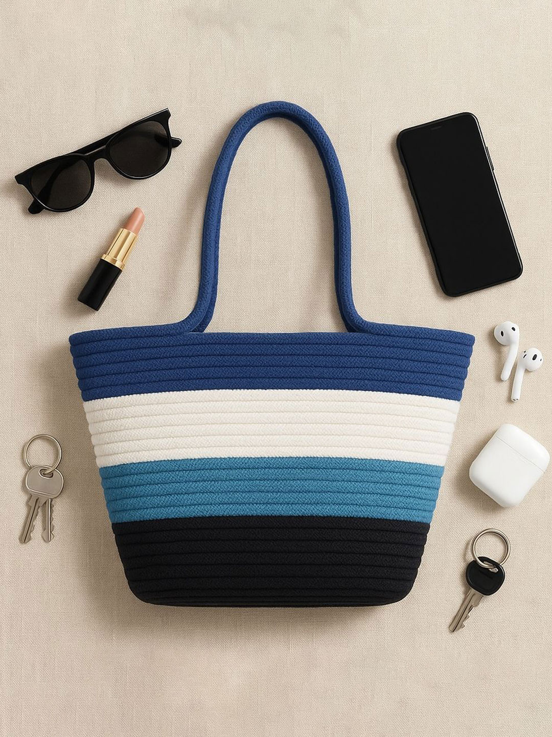 Textile and Beyond Colourblocked Cotton Small Shopper Tote Bag