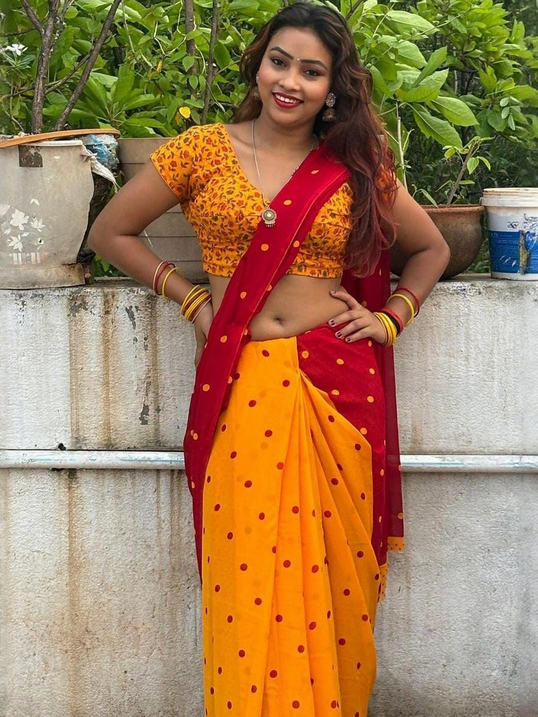 Moda Rapido Women Red Poly Georgette Polka Dots  Sarees