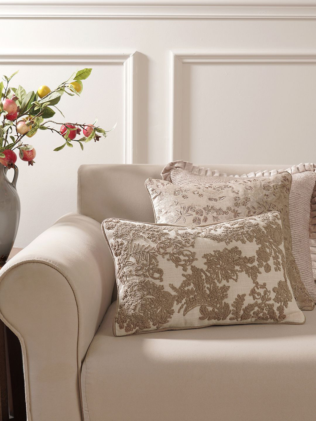 Pure Home and Living Cream-Coloured & Beige Embroidered Cotton Rectangle Cushion Cover
