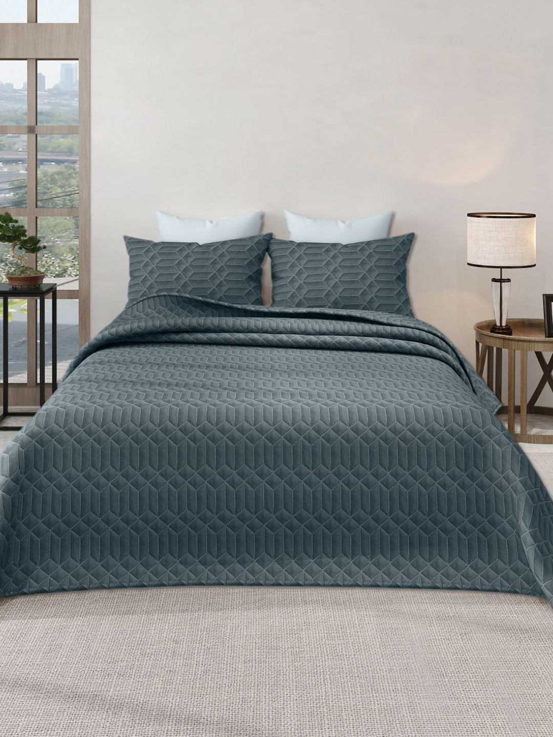 LABHAM Azure Charcoal Quilted 300 GSM Double King Bed Covers With 2 Pillow Covers