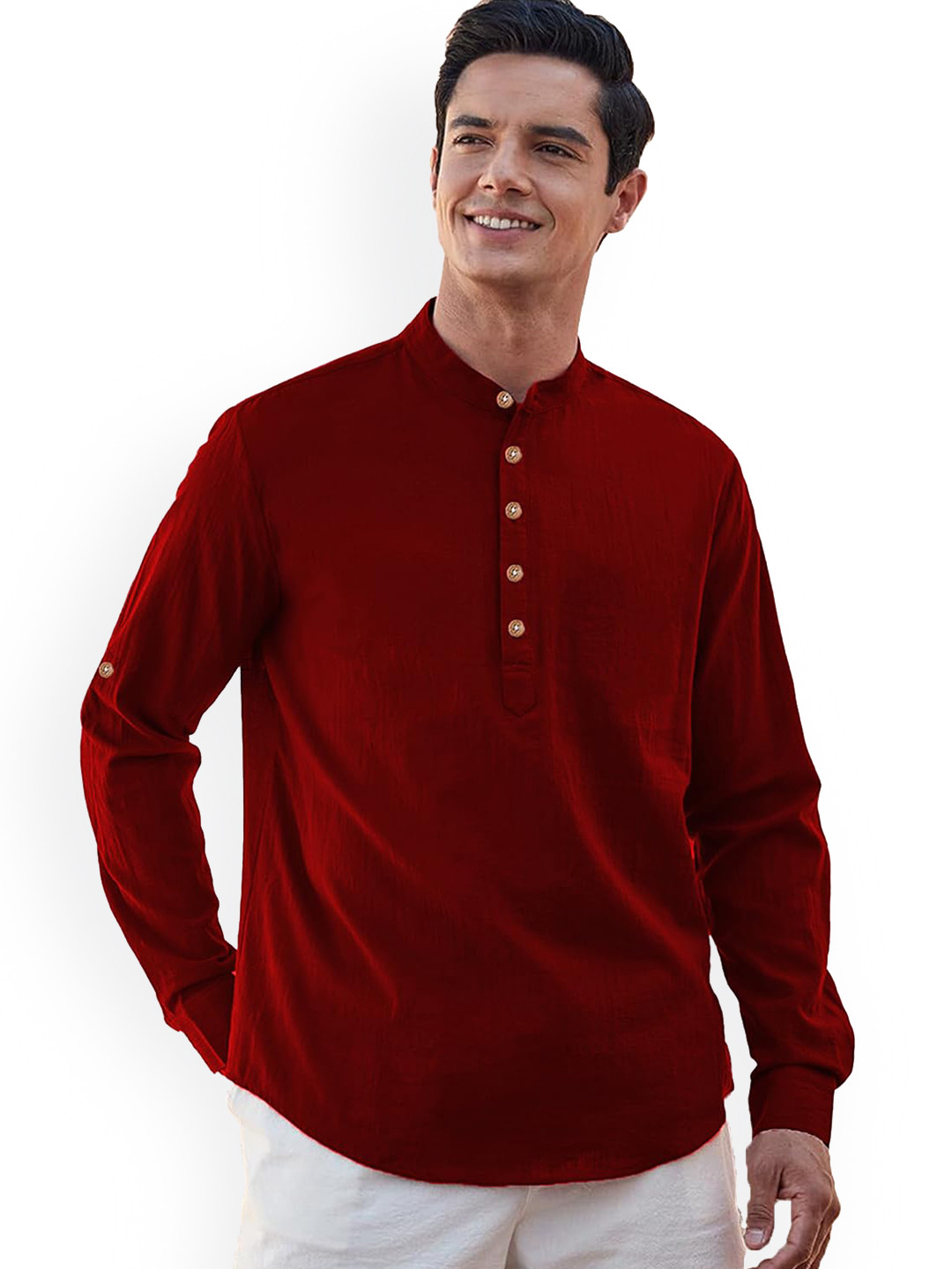 univibe Men Solid Mandarin Collar Full Sleeve Above Knee Kurta