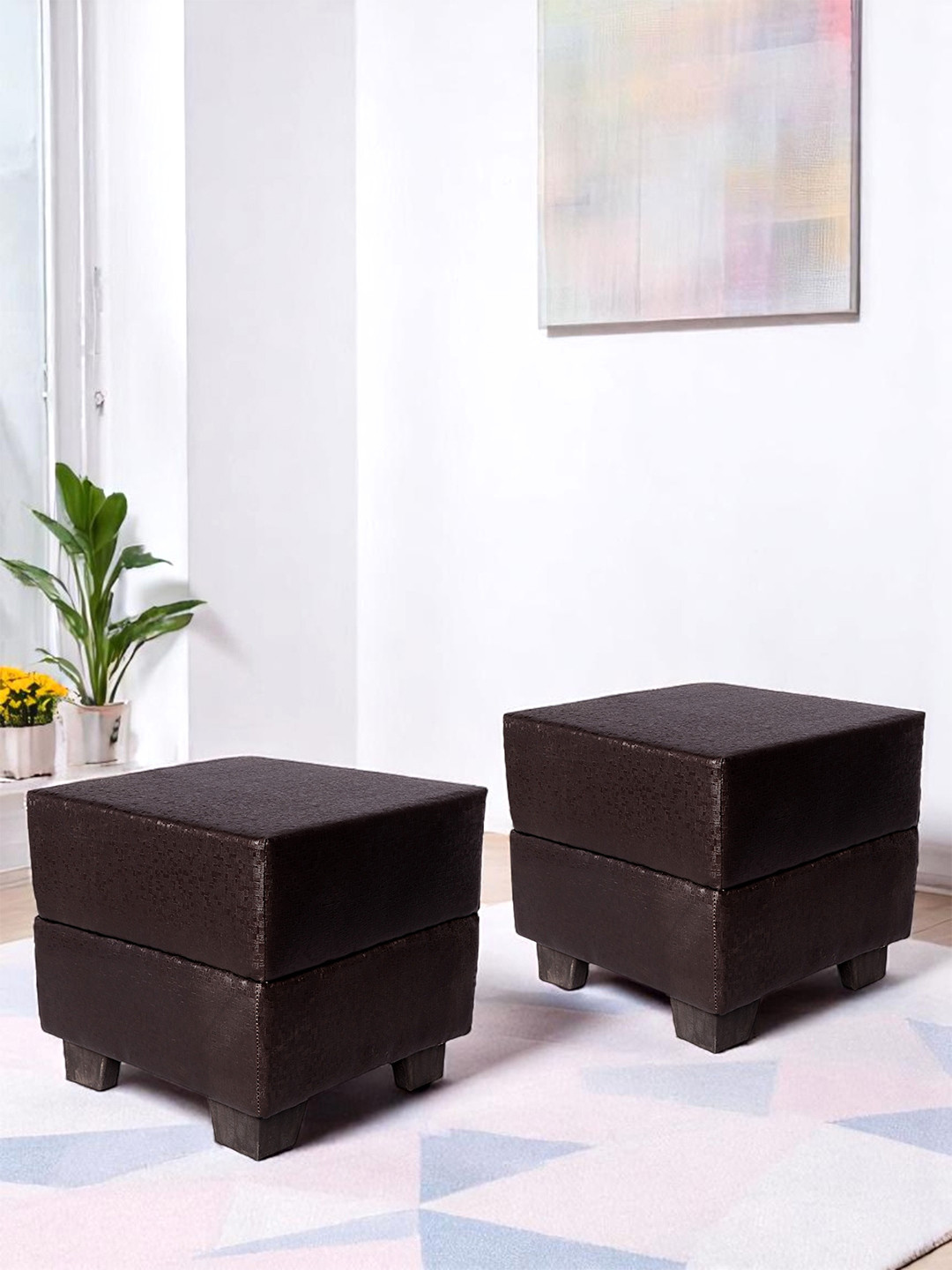 Ikiriya Solid Wood Contemporary Square Set Of 2 Pouffees In Brown Leatherite Upholstery