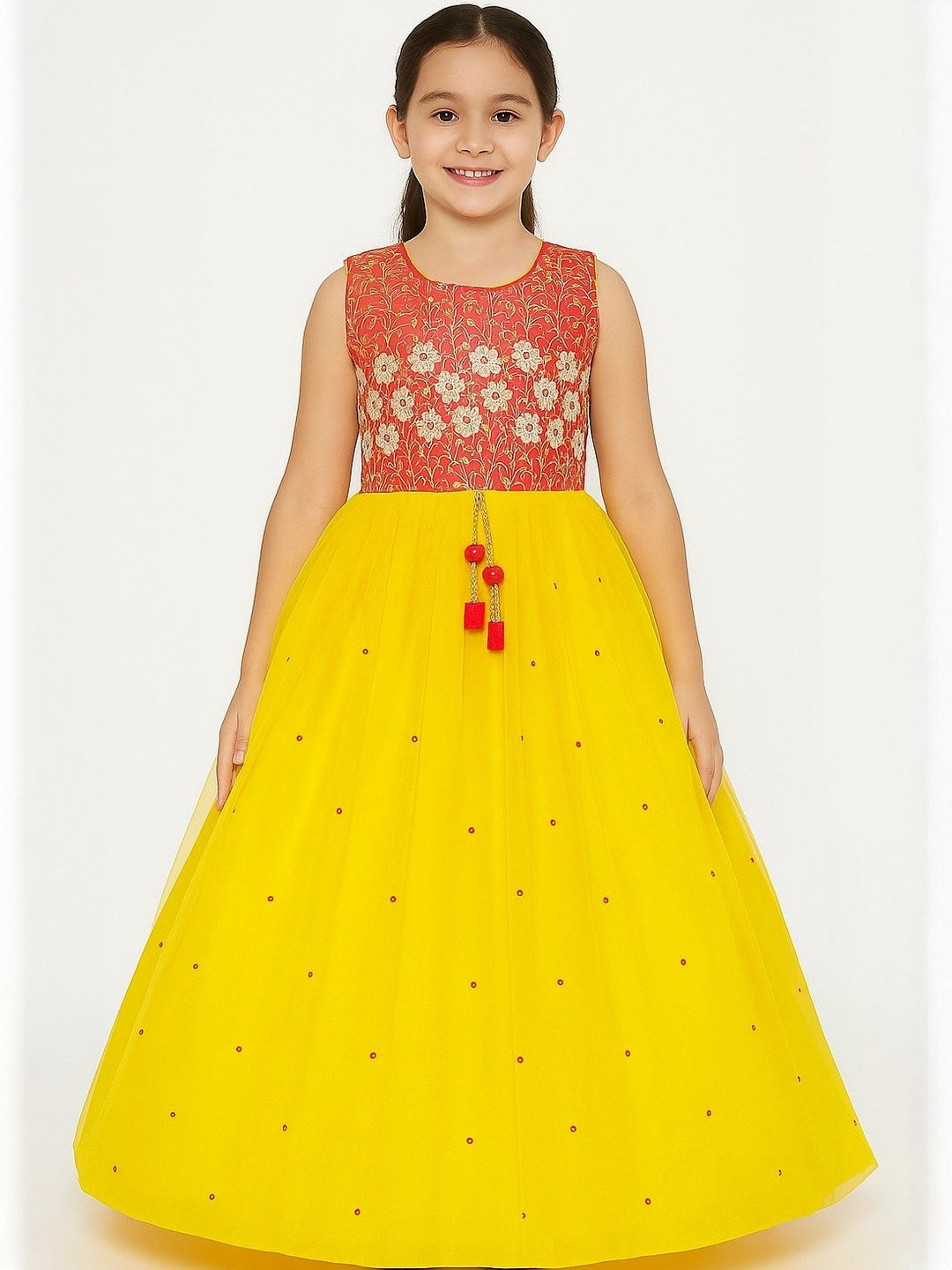 My Lil Princess Girls Ethnic Motifs Embroidered Net Fit and Flare Maxi Dress