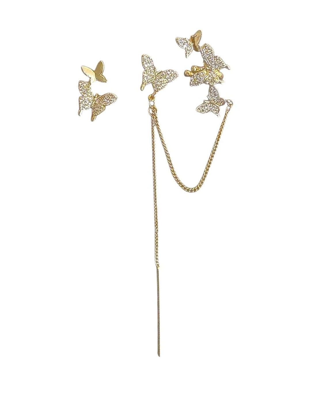 FIMBUL Women Gold-Plated Butterfly Design Stud and Chain Drop Earrings