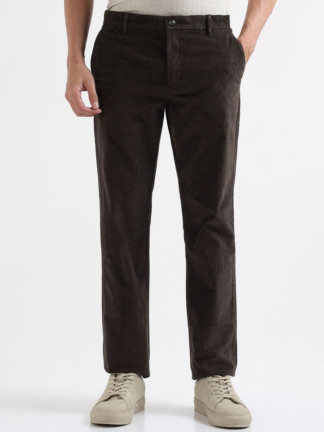 Arrow Sport Men Self Design Regular Fit Mid-Rise Corduroy Flat-Front Plain Trousers