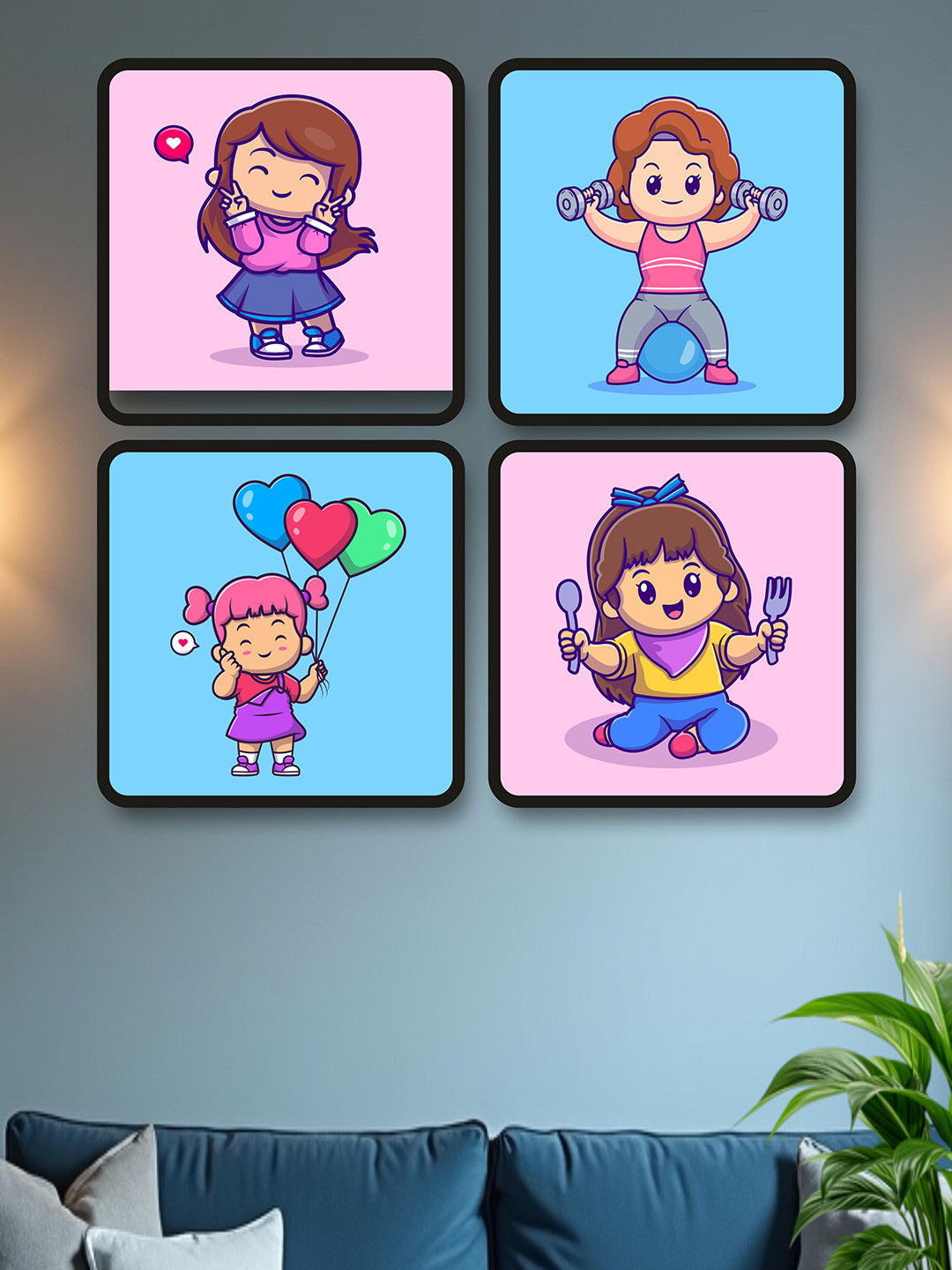 SAF Blue & Pink 4-Pieces Cute Little Girl Printed Framed Wall Art