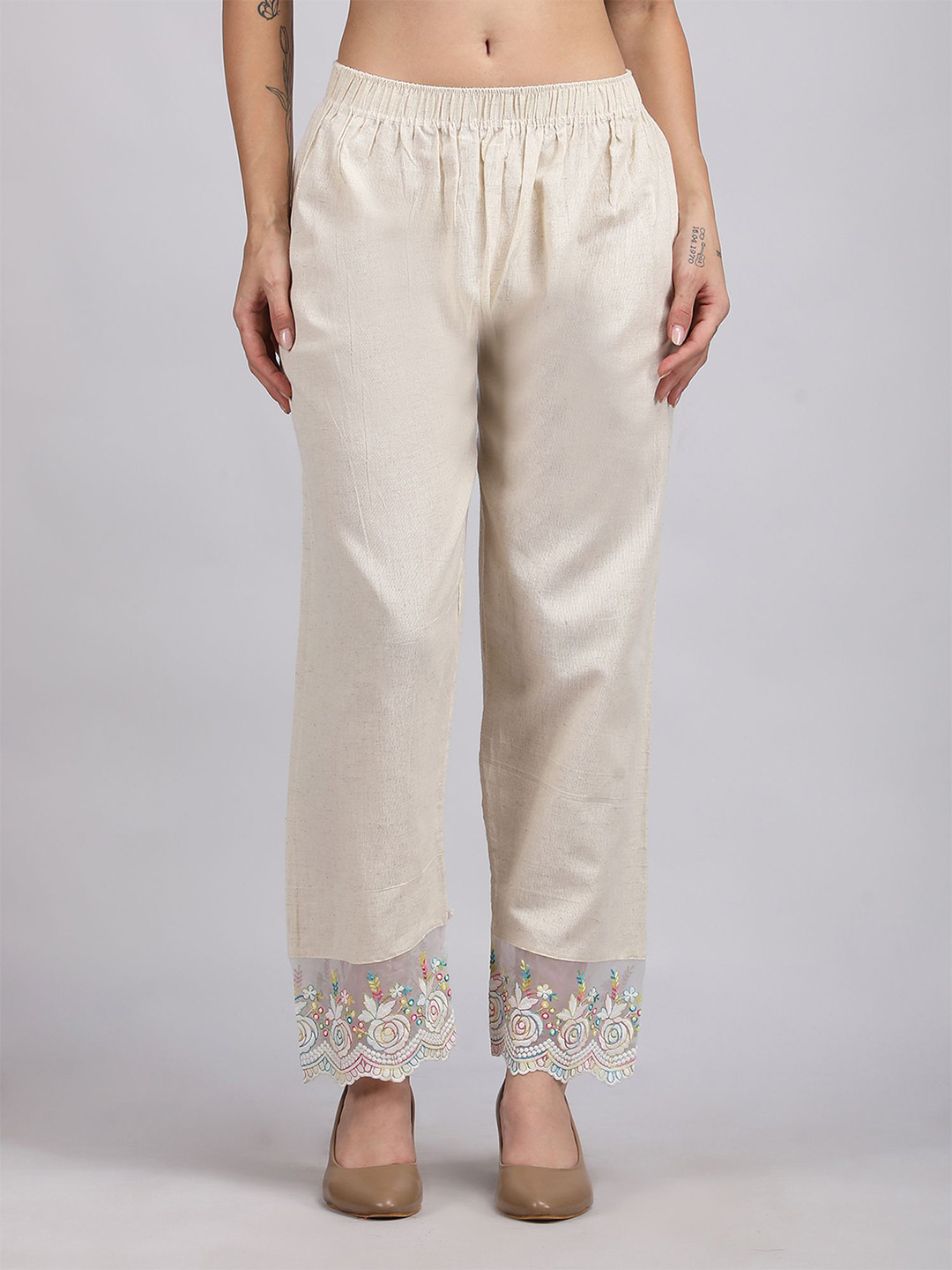 MICHAEL KOVLIN Women Embroidered Linen Wide Leg Trousers
