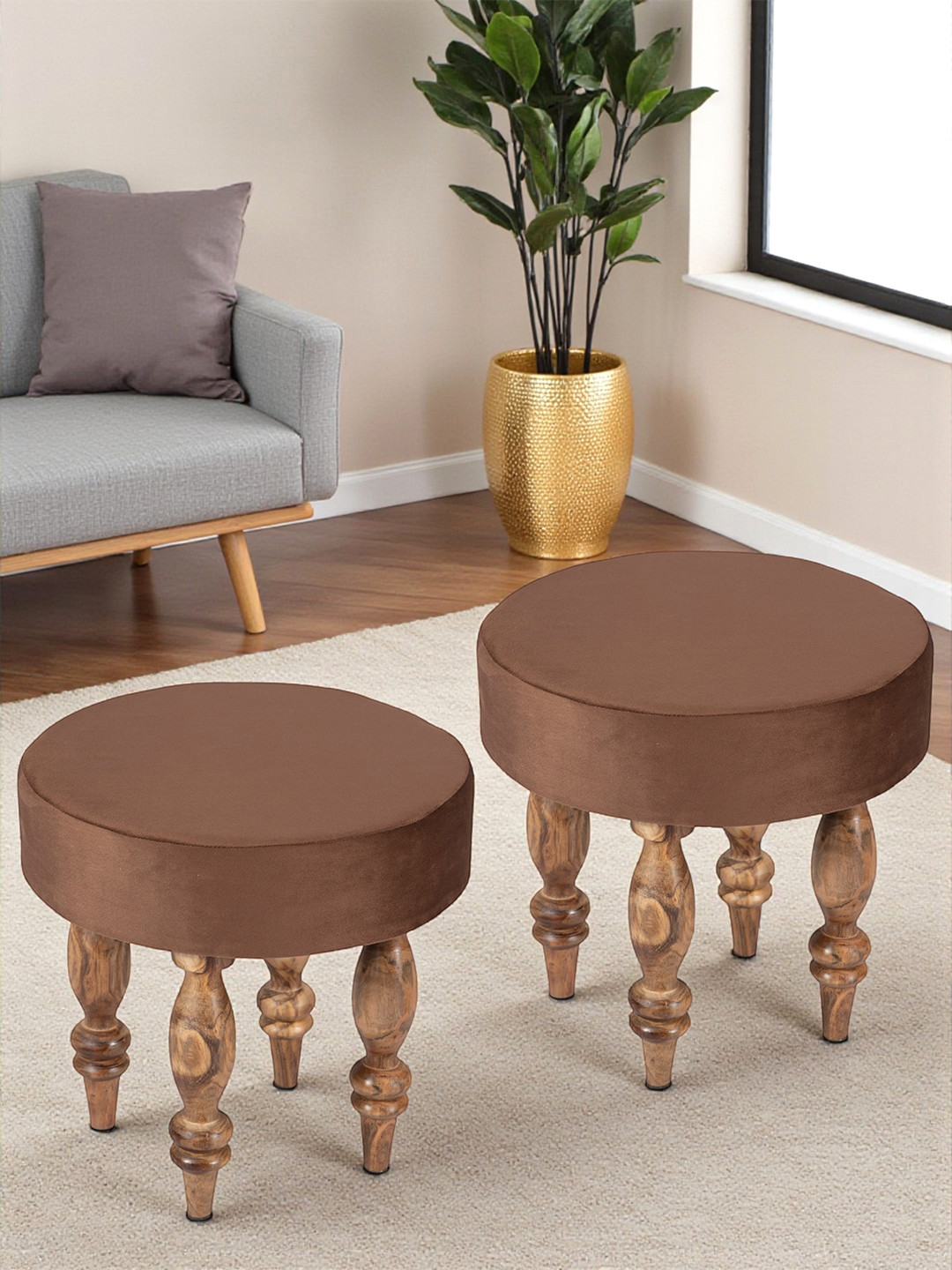 Ikiriya Sheesham Wood Contemporary Round Set Of 2 Stools In Taupe Brown Velvet Upholstery