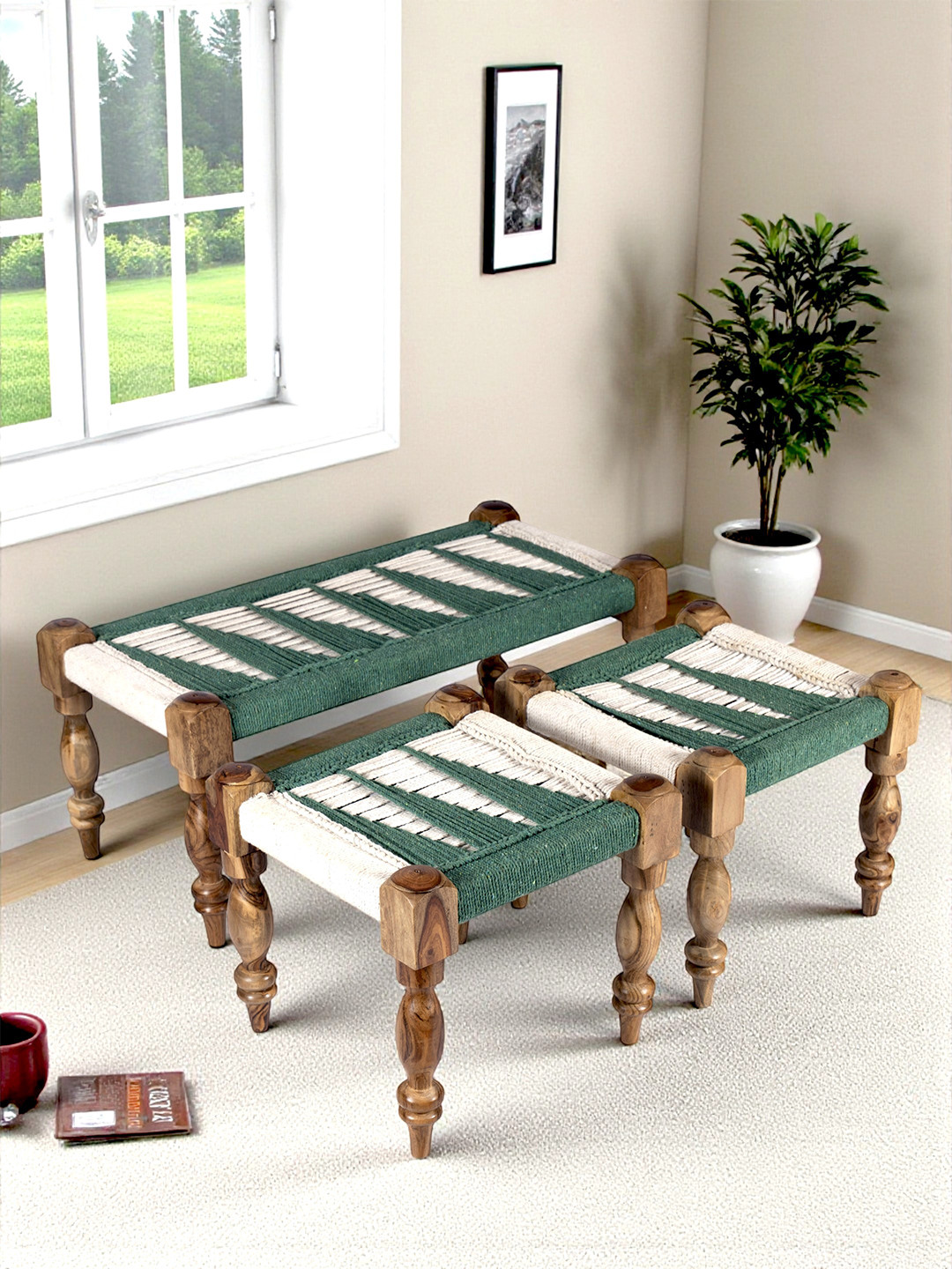 Ikiriya Sheesham Wood 2+1+1 Maachi Bench Set With 2 Stools In Green & White Rope Canning