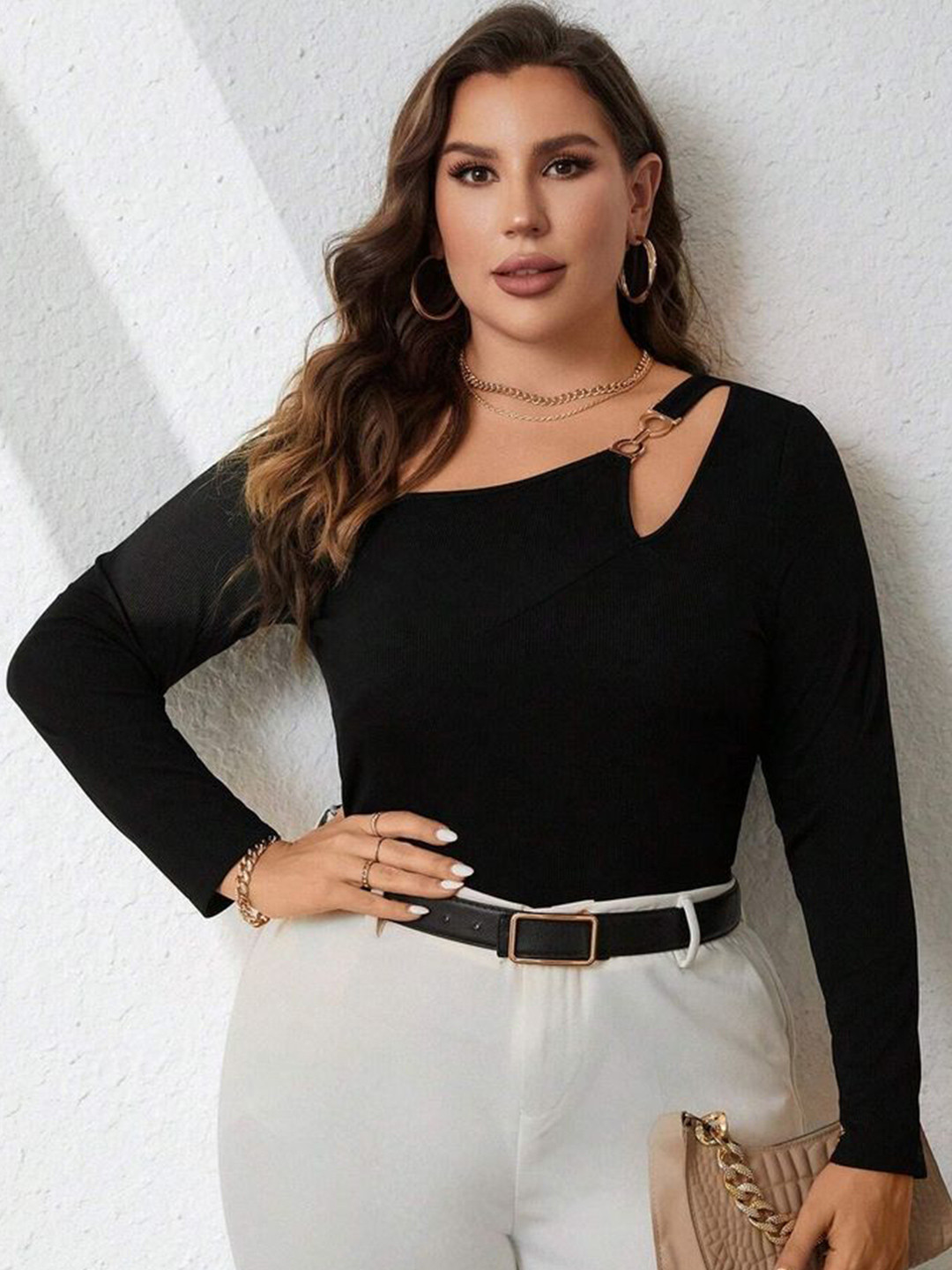 LULU & SKY Asymmetric Neck Cut-out Long Sleeve Top