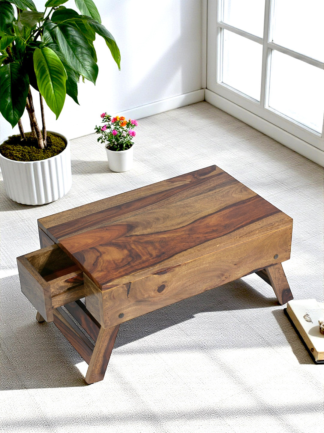 Ikiriya Ohio Sheesham Wood Contemporary Rectangle Folable Laptop Table In Teak Finish