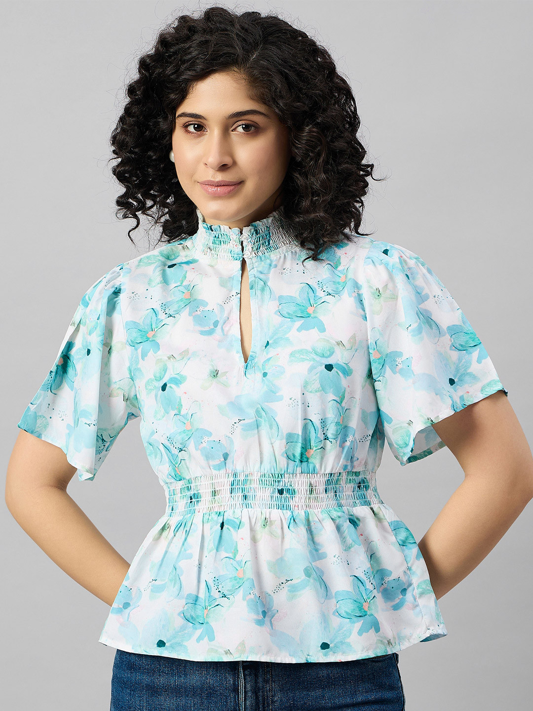 DressBerry Women White Chiffon Floral Printed Choker Neck Top