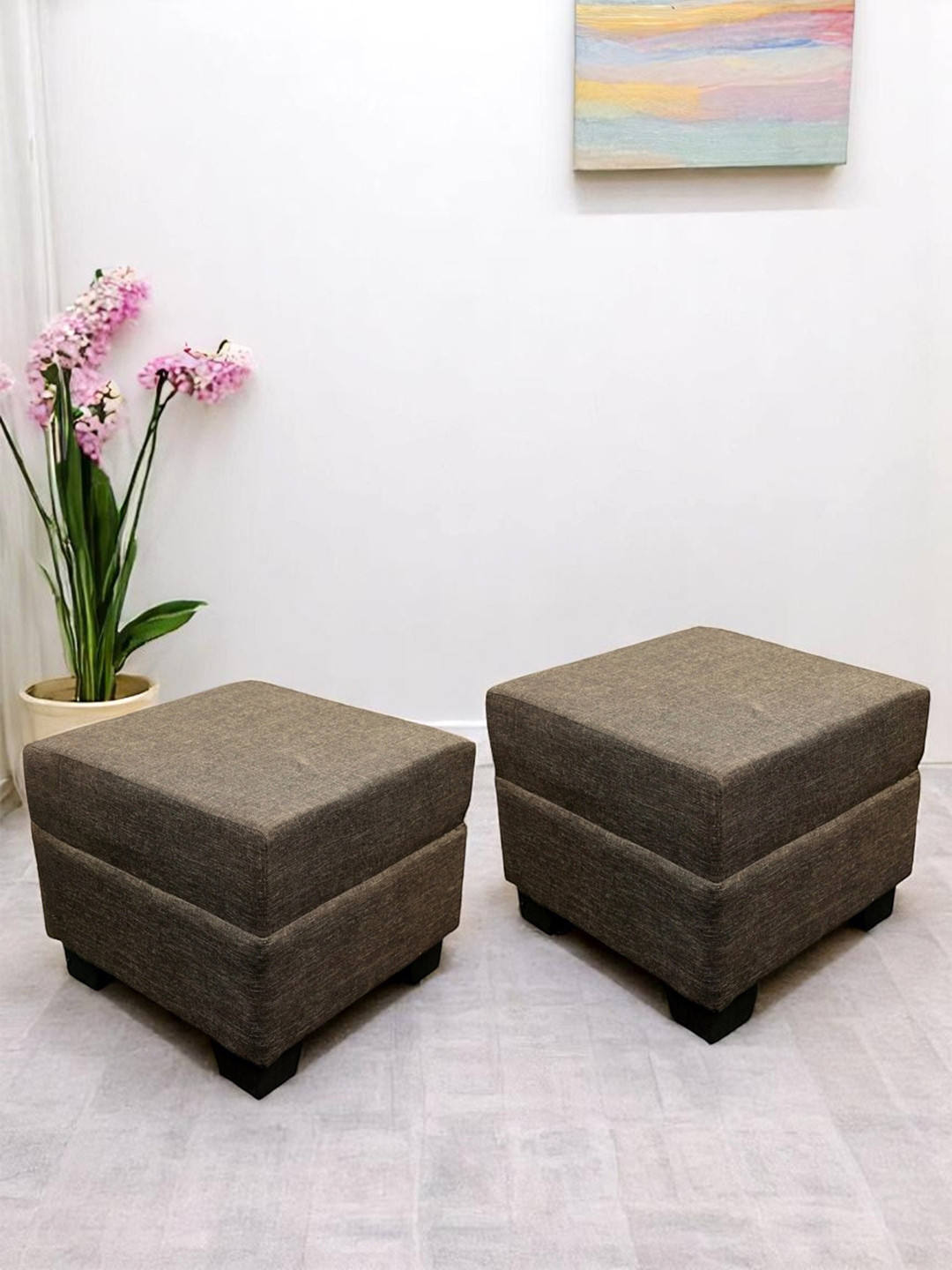 Ikiriya Iris Solid Wood Contemporary Square Set Of 2 Pouffees In Jute Brown Upholstery