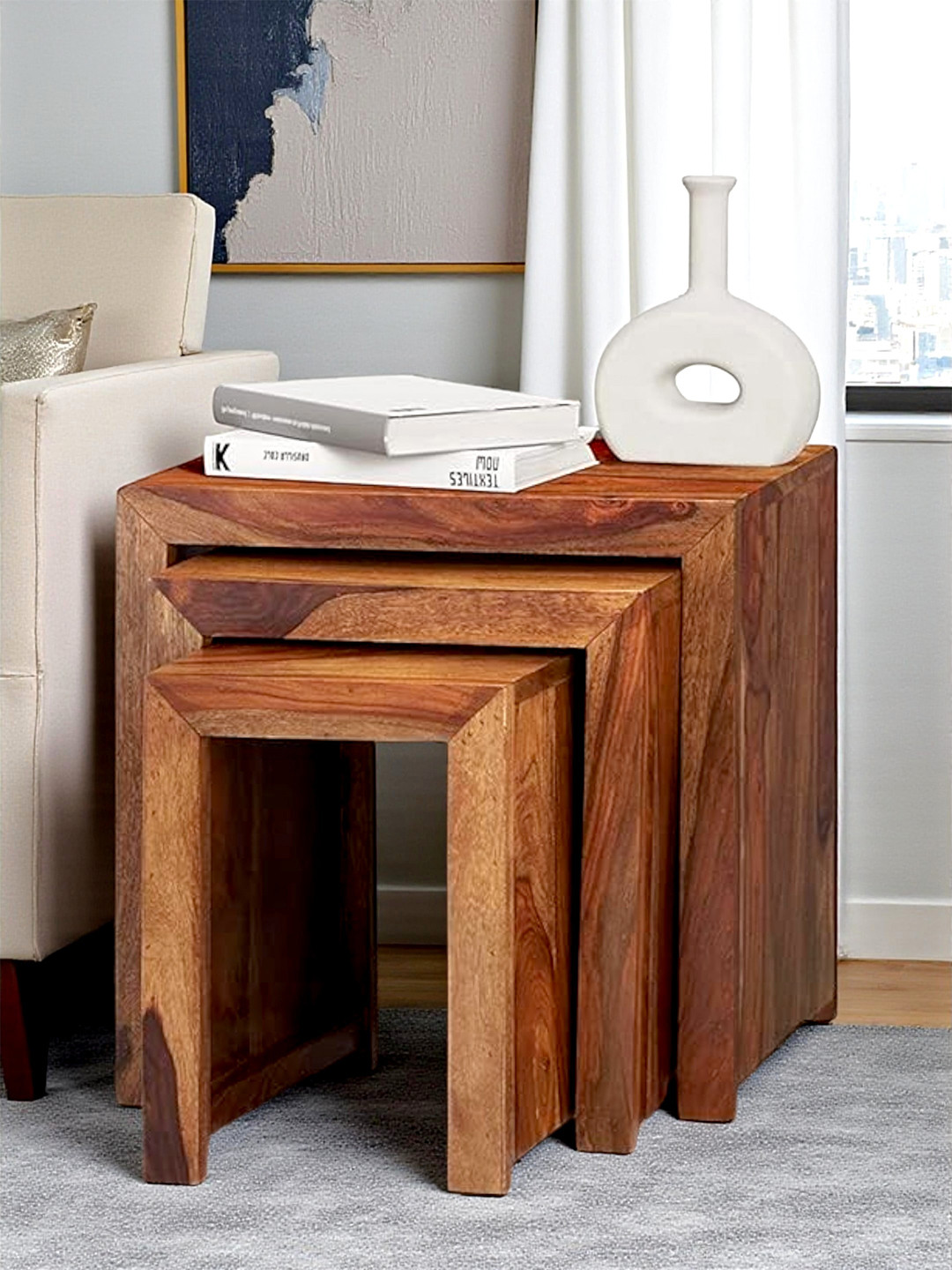 Ikiriya Oakland Sheesham Wood Contemporary Set Of 3 Nesting Tables In Natural Teak Finish