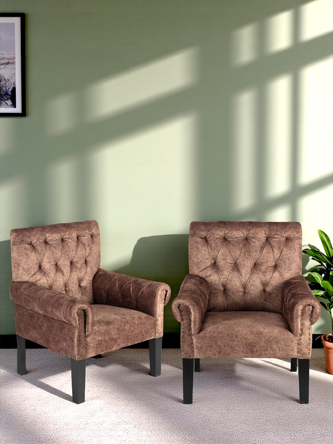 Ikiriya Rosewood Mid Century Set Of 2 Lounge Chair In Saddle Brown Suede Fabric Upholstery