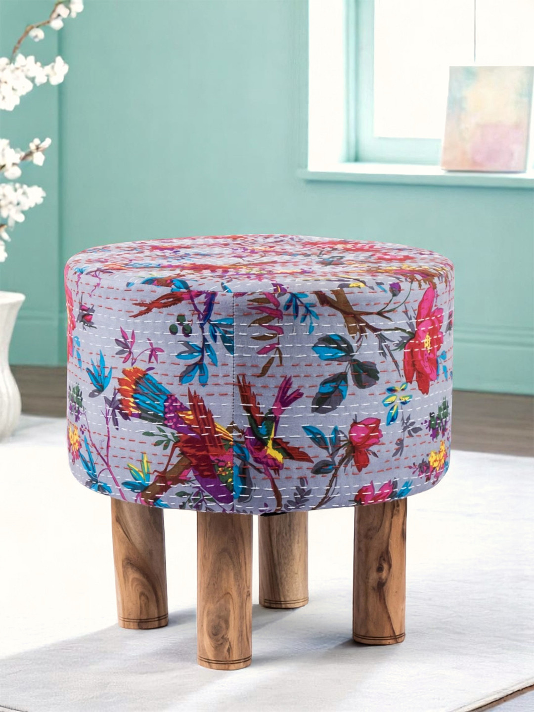 Ikiriya Acacia Wood Mid Century Round Pouf Stool In Grey Brid Print Kantha Upholstery