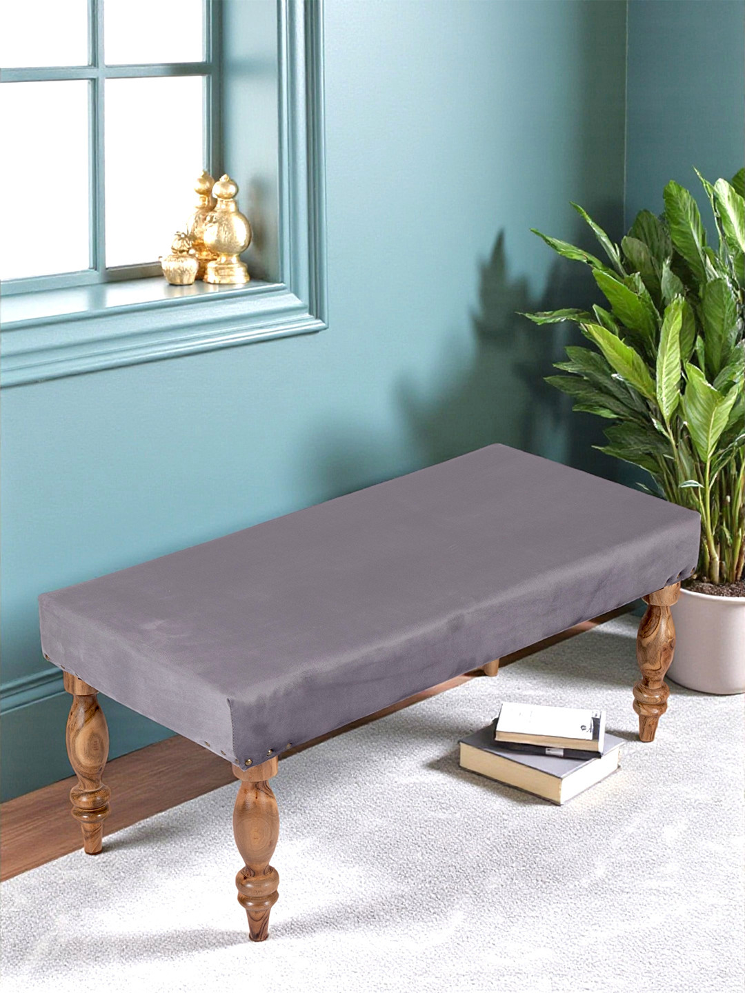 Ikiriya Bestone Sheesham Wood Accent 2 Seater Bench In Iron Grey Velvet
