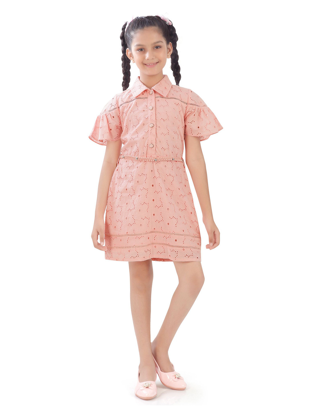 Tiny Girl Girls Self Design Embroidered Shirt Collar A-Line Dress