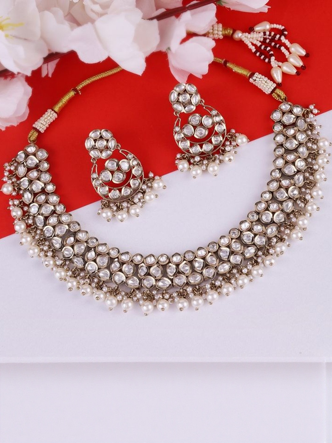 SALONI FASHION JEWELLERY Gold Plated Round Shape and  Pearls Guchha Choker Necklace Set