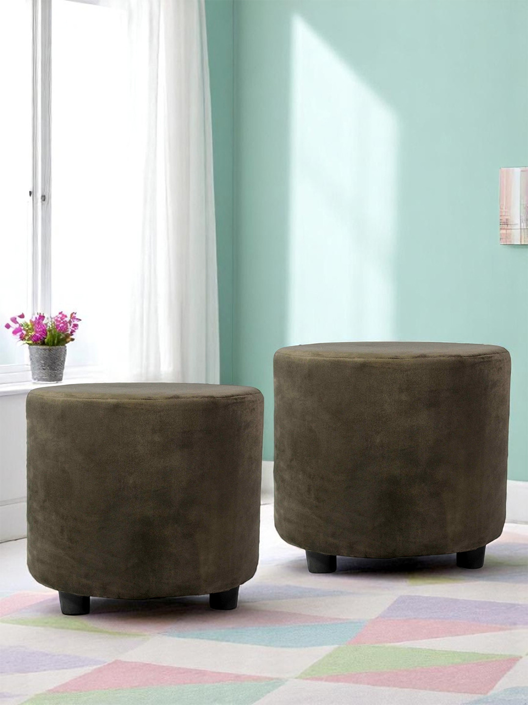 Ikiriya Solid Wood Contemporary Round Set Of 2 Pouffees In Taupe Brown Velvet Upholstery