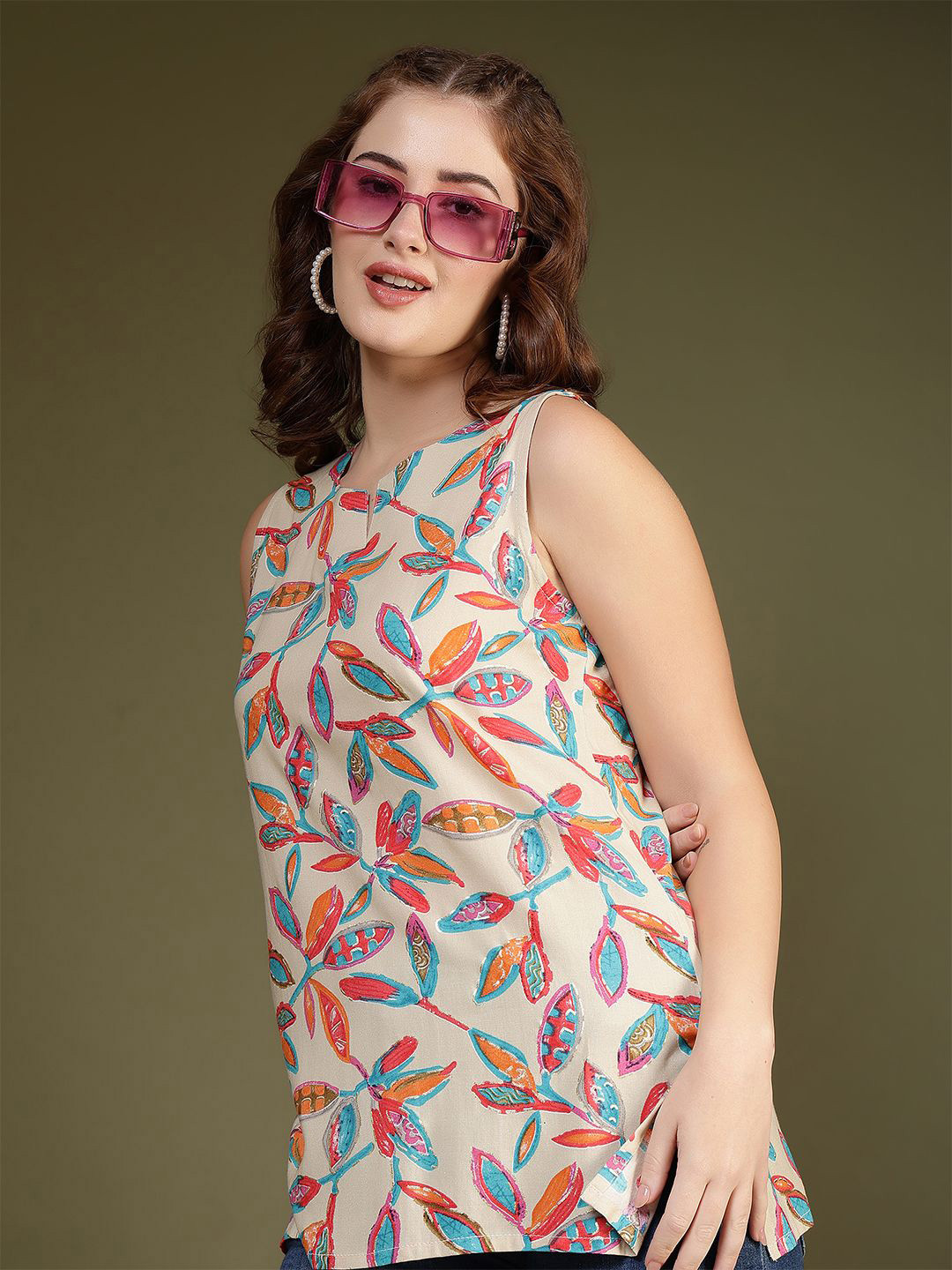 KALAMIR Women Floral Printed Round Neck Sleeveless Regular Top