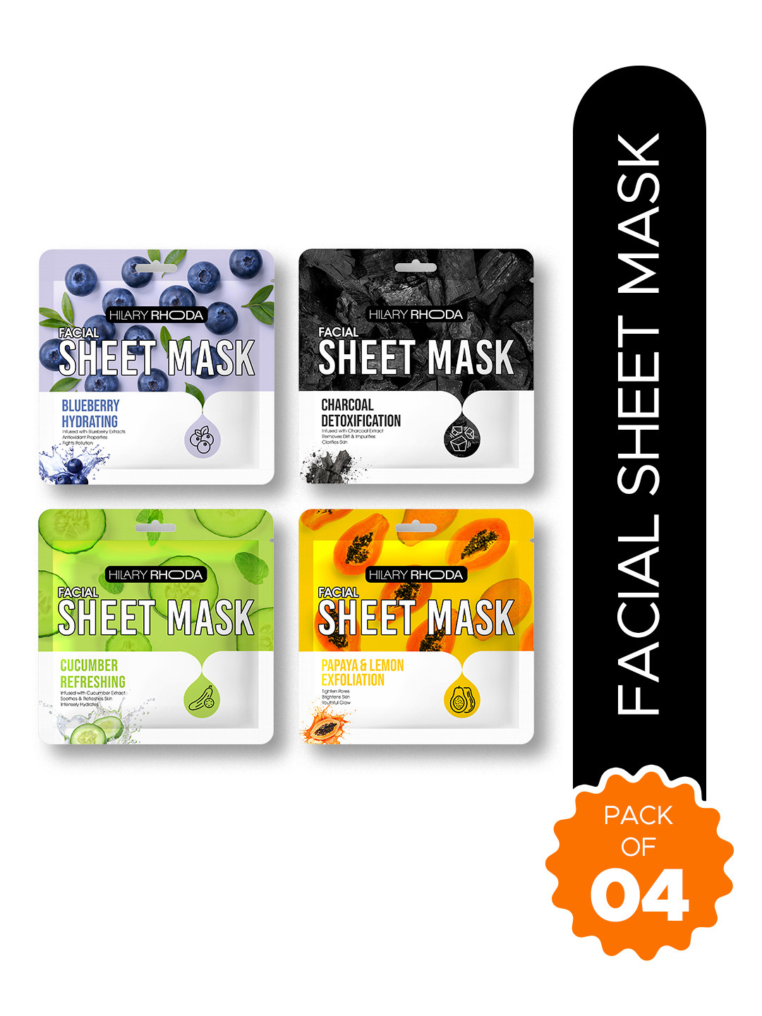 Hilary Rhoda Set Of 4 Blueberry -Cucumber -Charcoal -Papaya Sheet Mask- 20 g Each