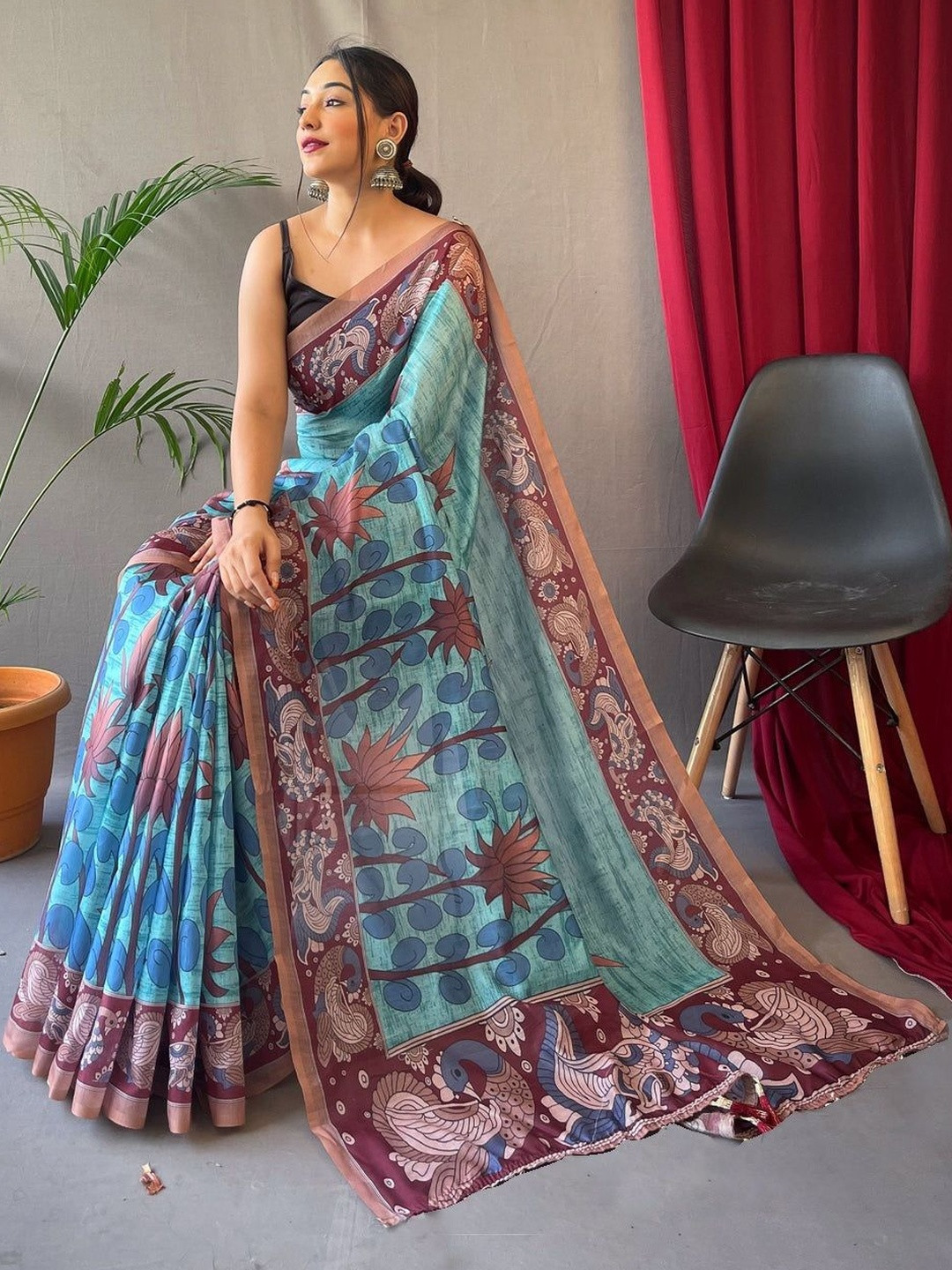 PHEASANT Ethnic Motifs Digital Printed Pure Linen Saree