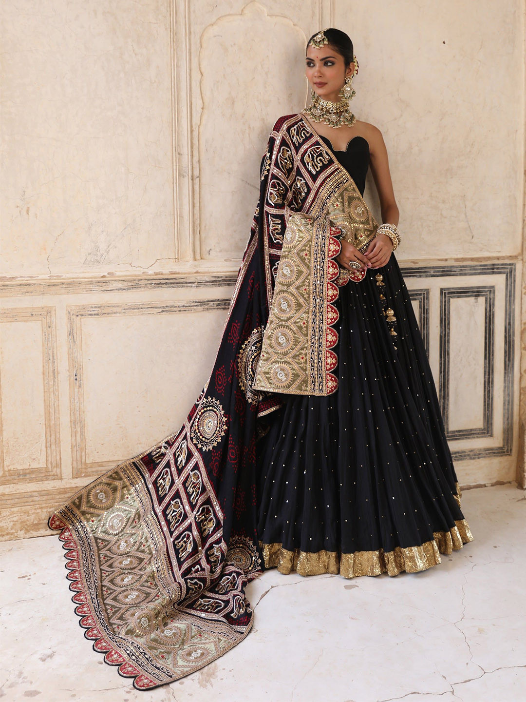 AMOREE Women Black Zardozi Silk Blend Embroidered Sequinned Flared Lehenga Set