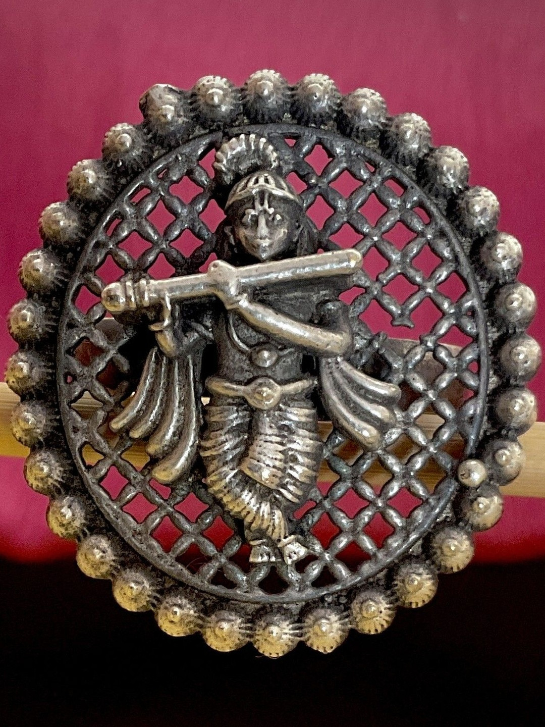 MOHATI Silver Plated Oxidised Krisna Jali Oval Finger Ring