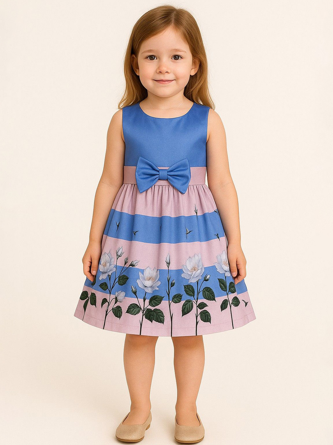 BAESD Girls Flora Printed Blue Dress