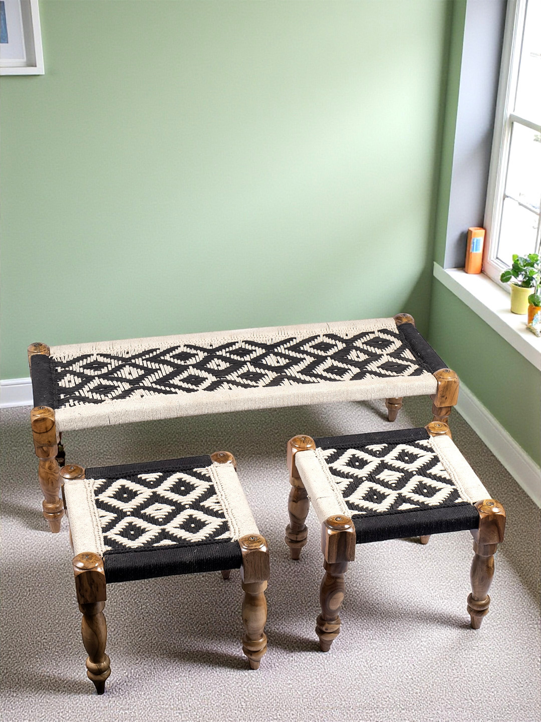 Ikiriya Sheesham Wood 3+1+1 Seater Maachi Bench Set With 2 Stools In Black & White Rope