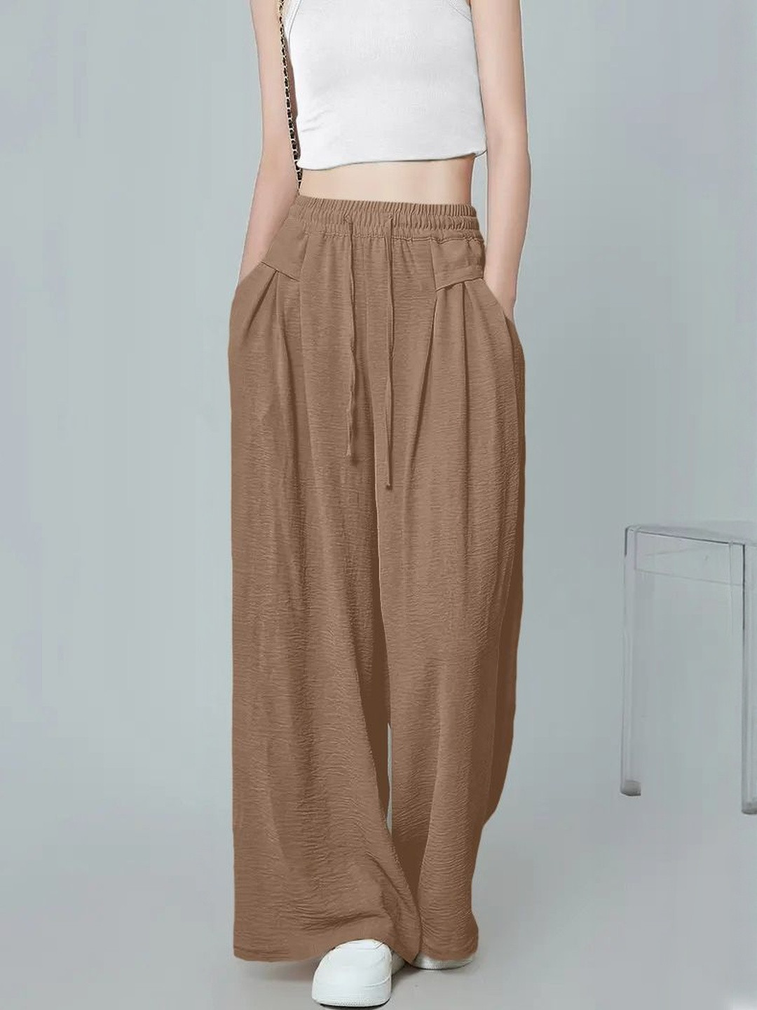 SZN Women Brown High-Rise Non Iron Pleated Polyester Trouser