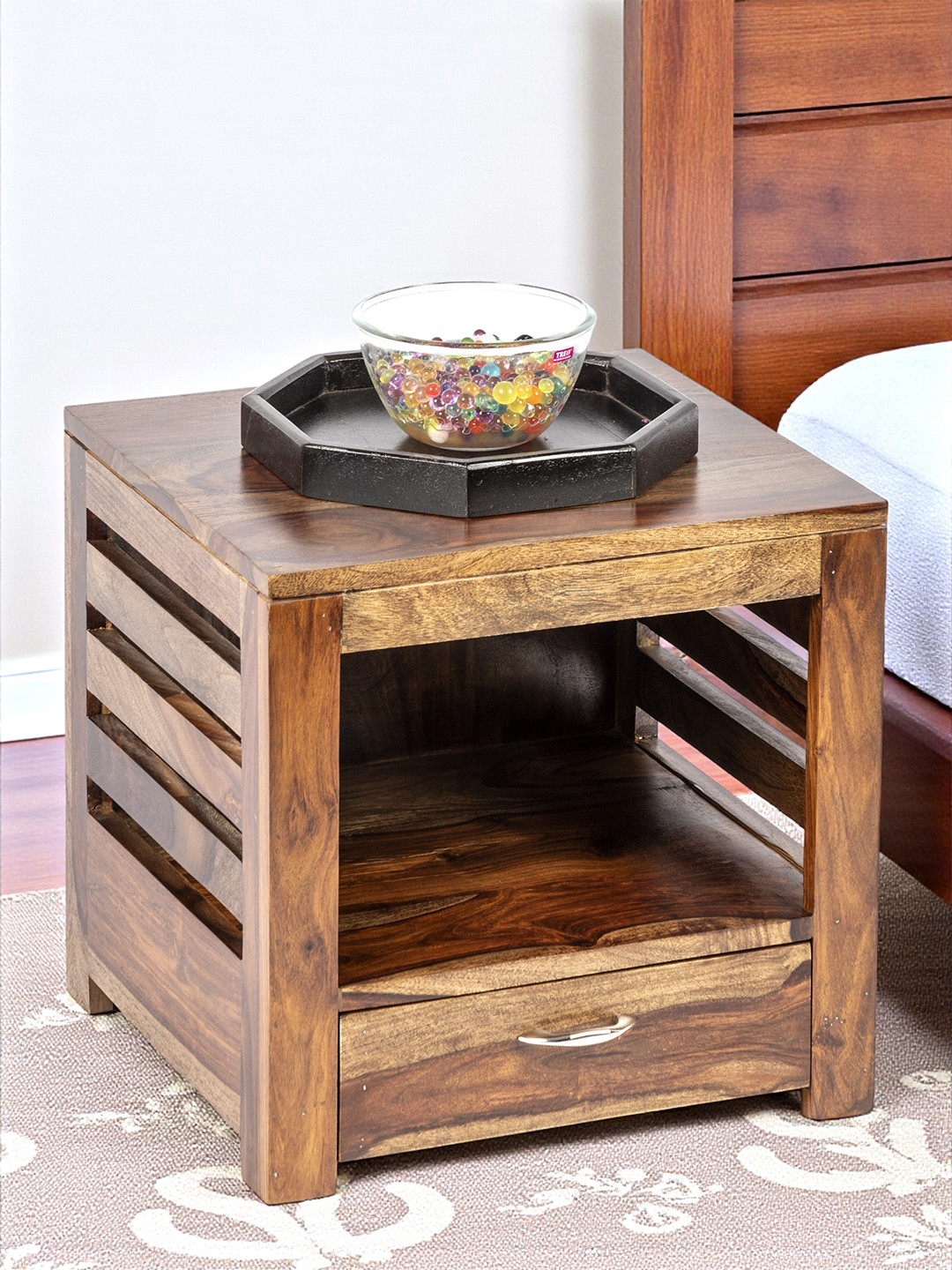 Ikiriya Russell Sheesham Wood Contemporary Bedside Table/ End Table In Teak Finish
