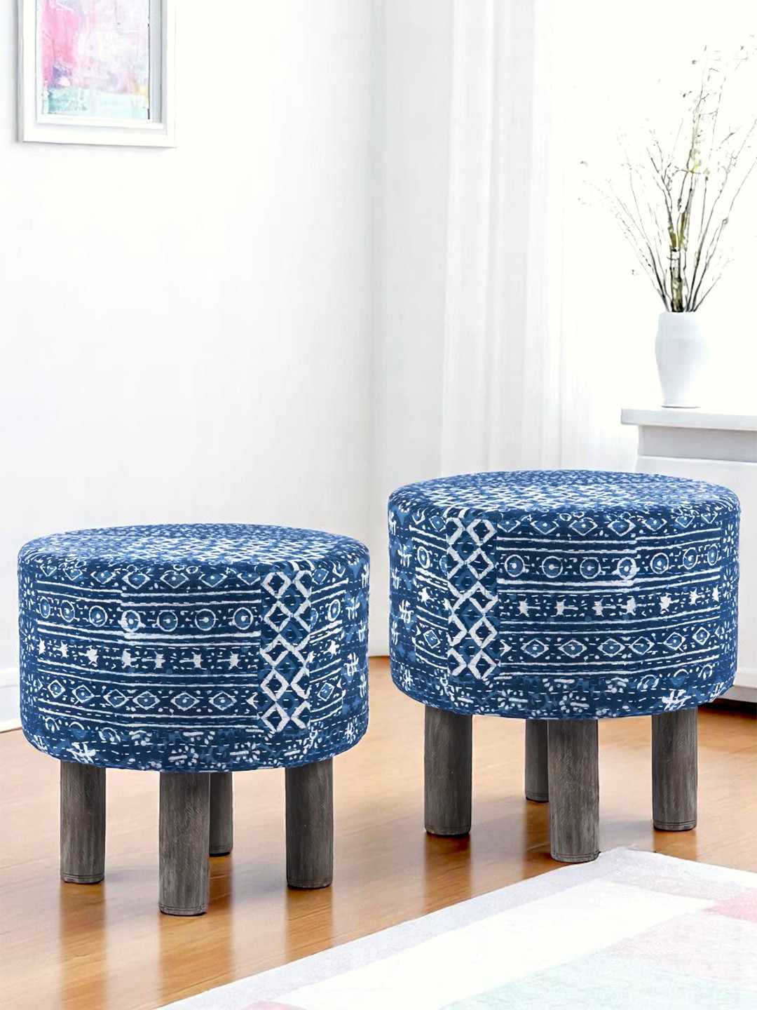 Ikiriya Solid Wood Mid Century Round Set Of 2 Pouf Stools In Indigo Patchkantha Upholstery