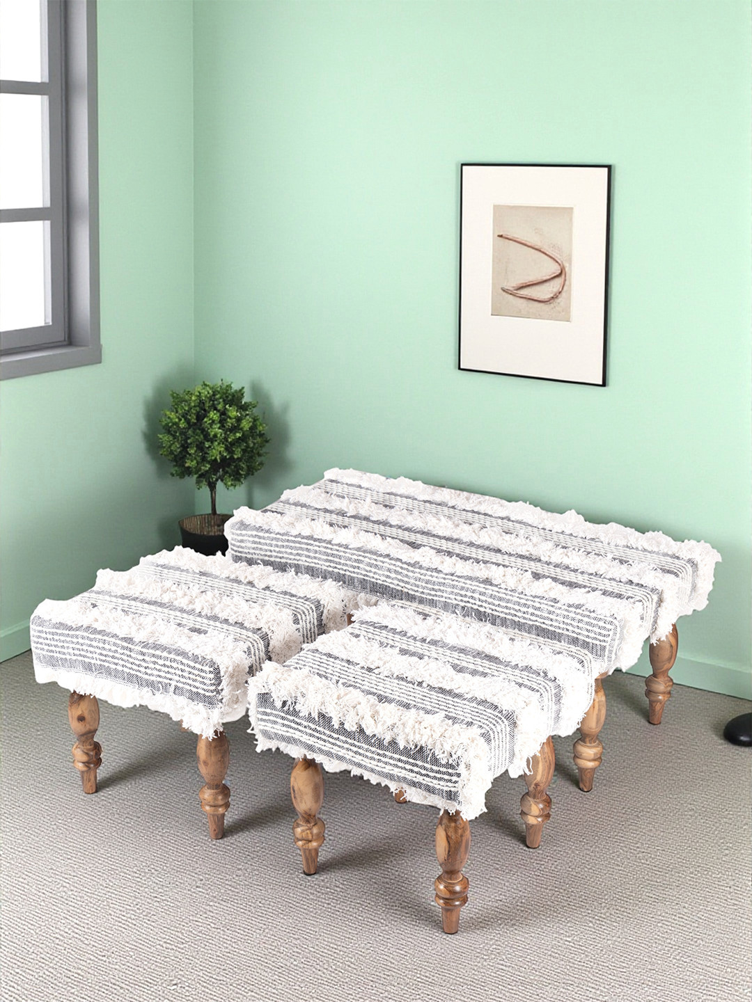 Ikiriya Sheesham Wood Mid Century 2+1+1 Seater Bench With 2 Stools In Grey Fringes Fabric